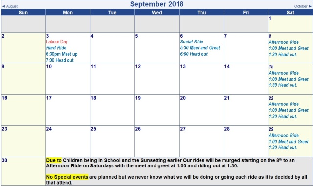 September 2018 Ride Calendar